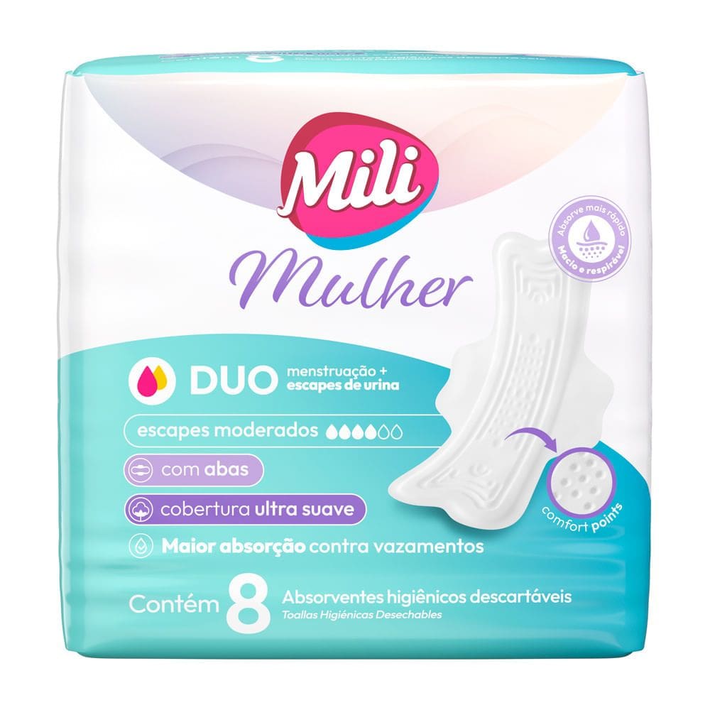 Absorvente Mili Mulher Duo Menstruação e Escapes de Urina Cobertura Ultra Suave com Abas 8 Unidades