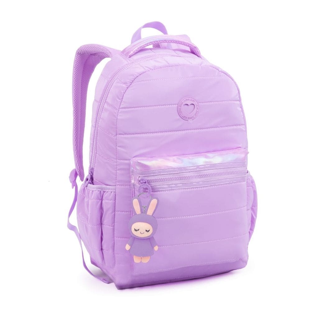 Mochila Grande Lilás 18 Escolar Fofa Chaveiro Coelhinho 2 Divisória Volta as Aulas Tendência Menina