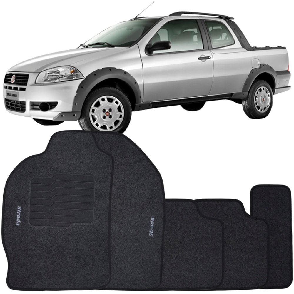 Jogo de Tapete Automotivo Carpete Fiat Strada Cabine Dupla 2007 à 2012 Soft Logo Bordado Grafite