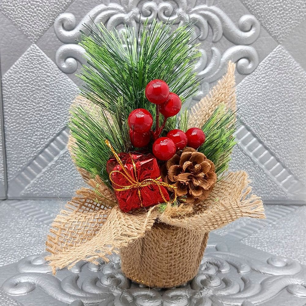 Arranjo Pinha Cereja Artificial Vaso Enfeite Mesa Natal 20cm