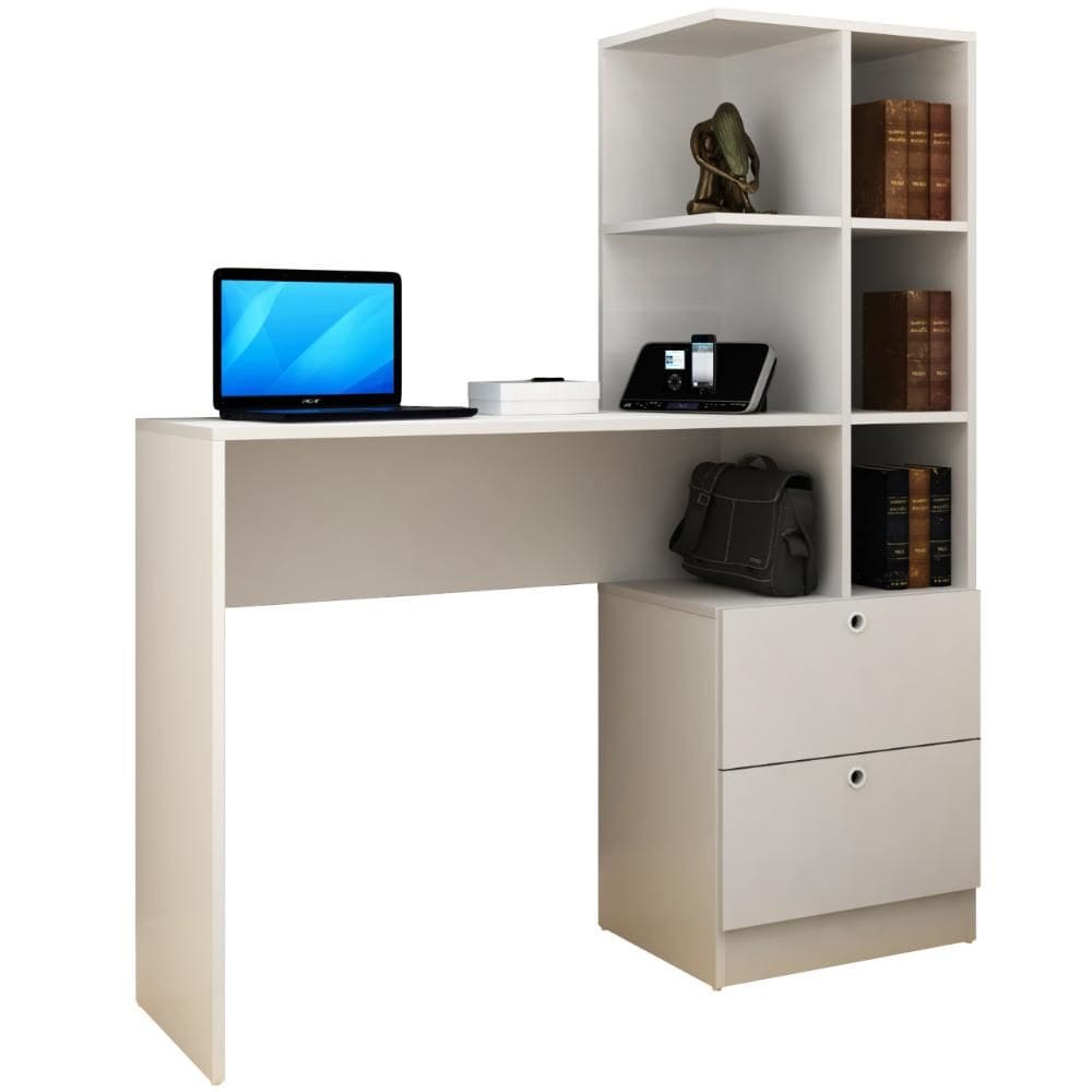 Mesa Escrivaninha para Computador Home Office 2 Gavetas 3 Prateleiras 90cm BC72-06 Cor Branco - BRV Móveis
