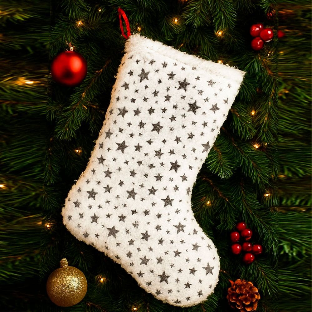 Meia Bota Pelúcida Pendente Enfeite Natalino Estrelas 32cm