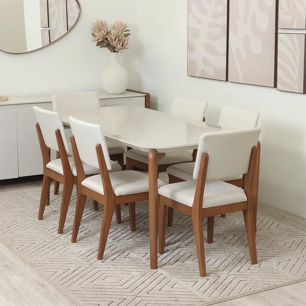 Conjunto de Jantar Mesa Retangular com Vidro Donatella com 6 Cadeiras Ella - Natural c/ Off White