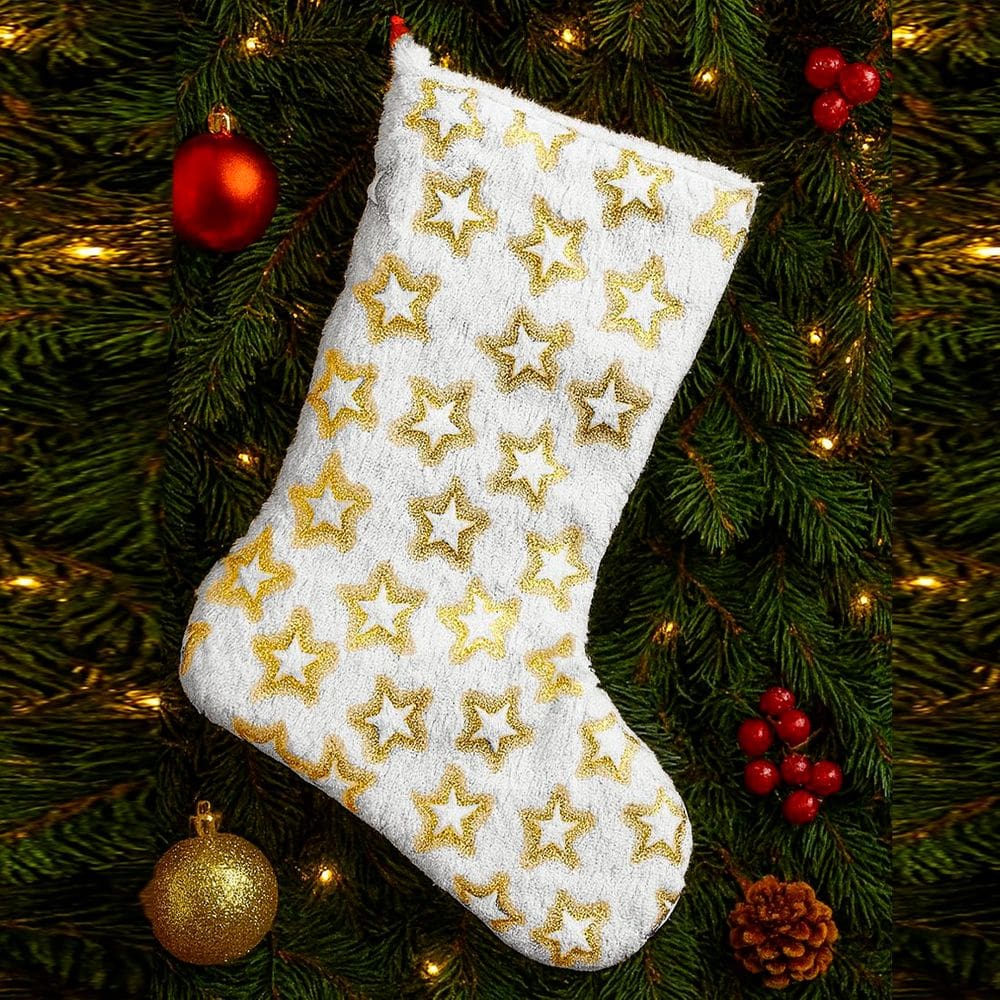 Bota Meia Pelúcida Pendente Enfeite Natalino Estrelas 32cm