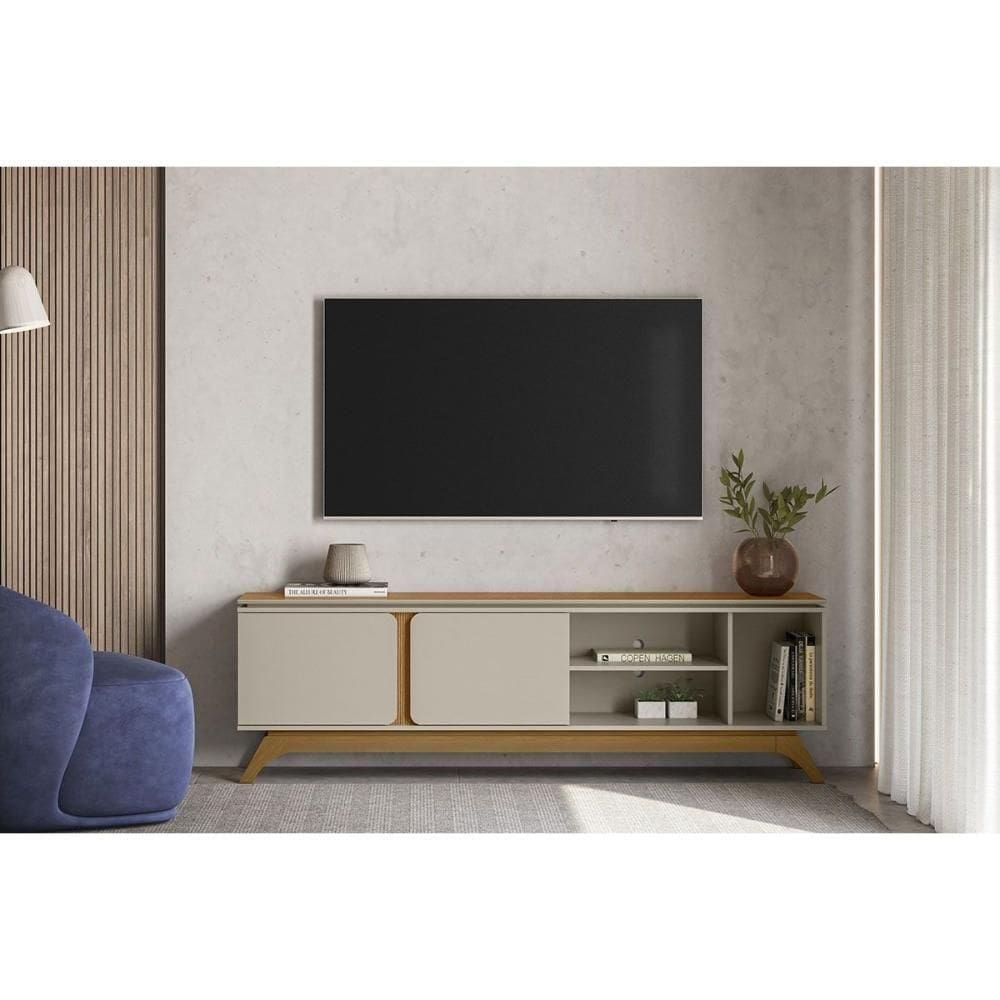 Rack Bancada P/ Tv Até 70 Pol Istambul C/ 2 Portas 1 Prateleira E 3 Nichos 200cm Nature/off White - Linea