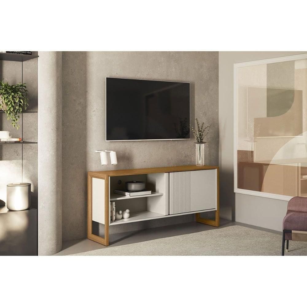 Rack Bancada P/ Tv Até 55 Pol Gold 1 Pta 1 Prat C/ Pés 141x65cm Nature/off White - Linea Brasil