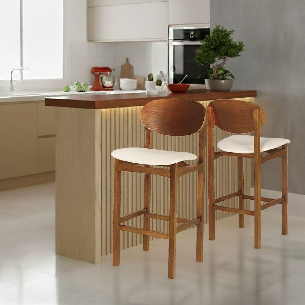 Banqueta Samba Em Madeira Maciça Jequitibá Nozes Estrutura Premium Para Cozinha E Bar Corino Bege
