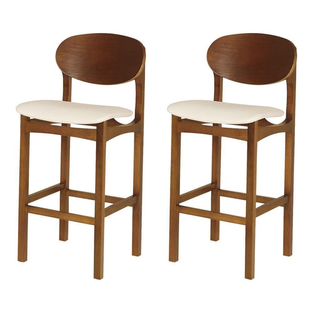 Conjunto 2 Banquetas Samba Jequitibá Nozes Estrutura Premium Para Cozinha E Bar Corino Bege