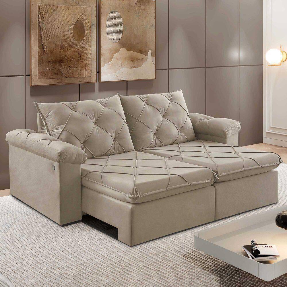 Sofá Retrátil E Reclinável Corniso 2,94m Veludo Cor Bege 2137 Usb Com Kit Usb