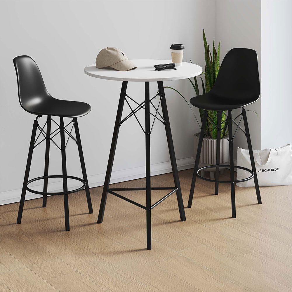 Conjunto Mesa Bistrô Redonda Estrutura Em Ferro Preto Com Tampo Branco Com 2 Banquetas Eames Preta