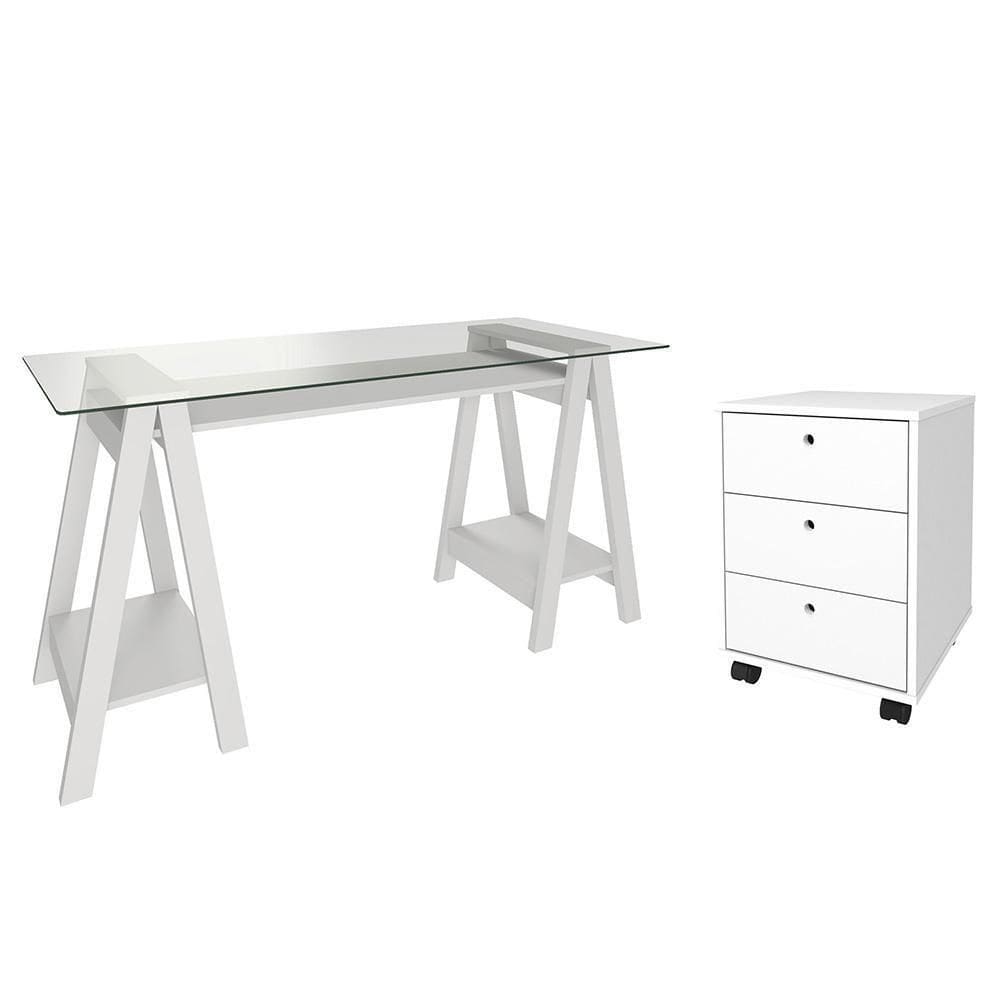 Mesa Escrivaninha 150cm Cris Tampo Vidro E Gaveteiro 3 Gavetas Nil A06 Branco - Mpozenato
