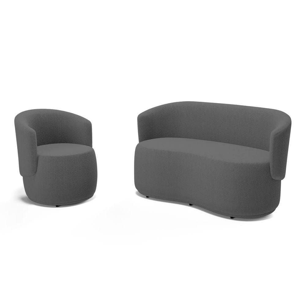 Kit Poltrona E Namoradeira Aisha Orgânica Bouclê Cinza Escuro - Abmaza