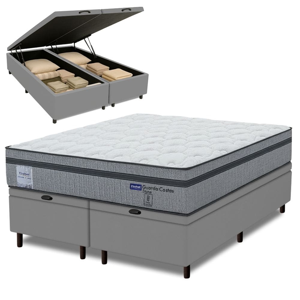 Cama Box Baú King Probel Molas Ensacadas Euro In 193x203x71cm Guarda Costas Stone Branco/Cinza