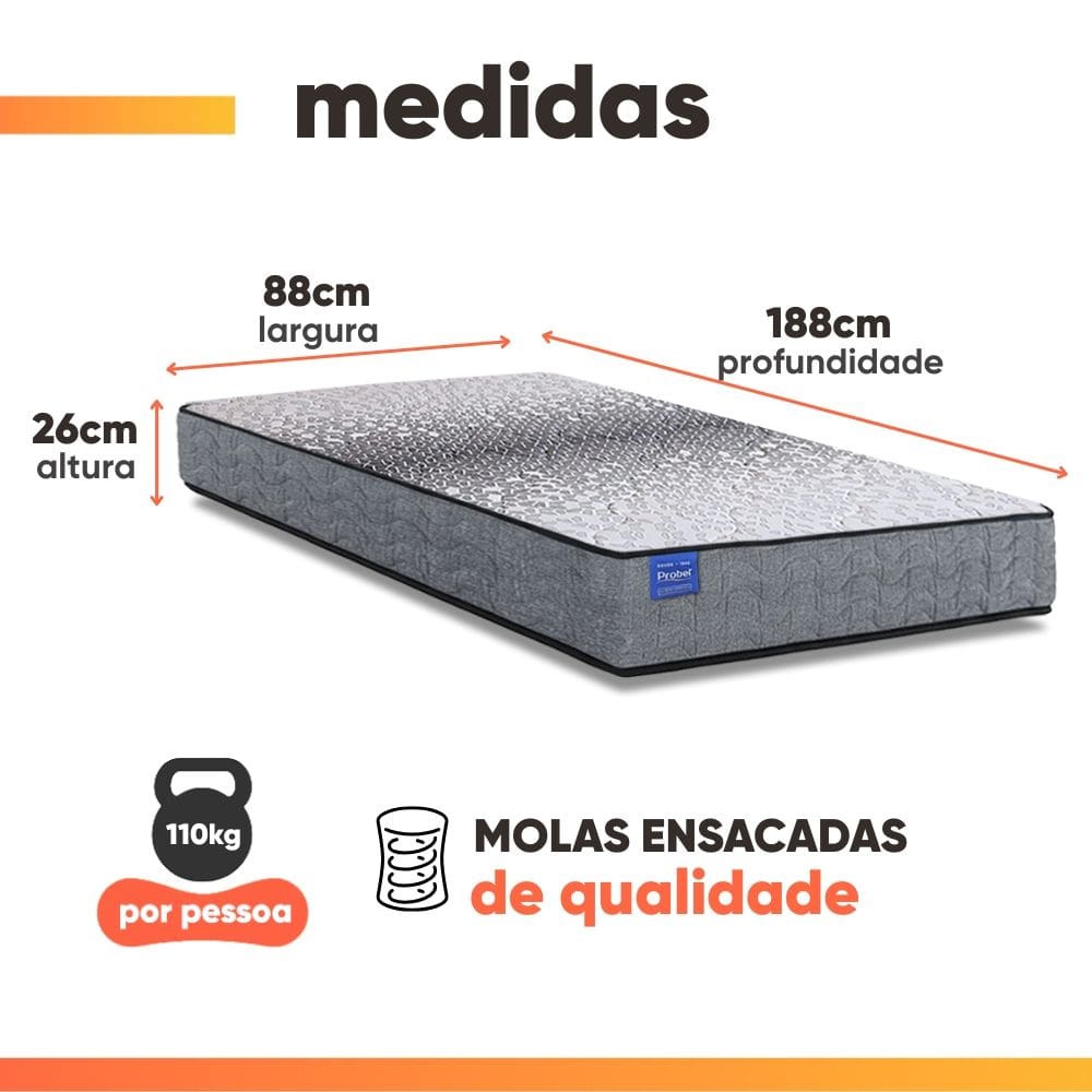 Cama Box Solteiro Probel Molas Ensacadas 88x188x64 Day Springs a Vácuo Branco/Cinza