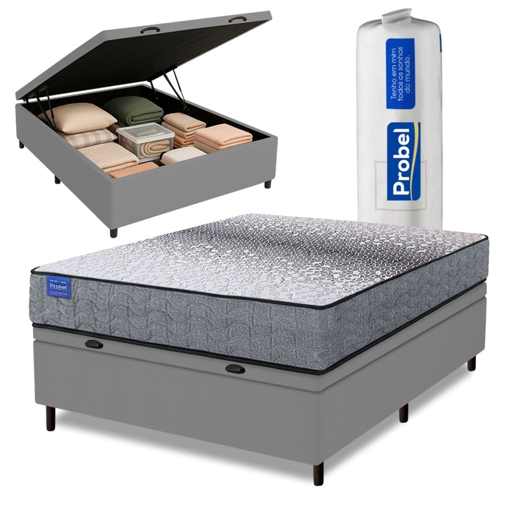 Cama Box Baú Casal Probel Molas Ensacadas 138x188x67 Day Springs a Vácuo Branco/Cinza
