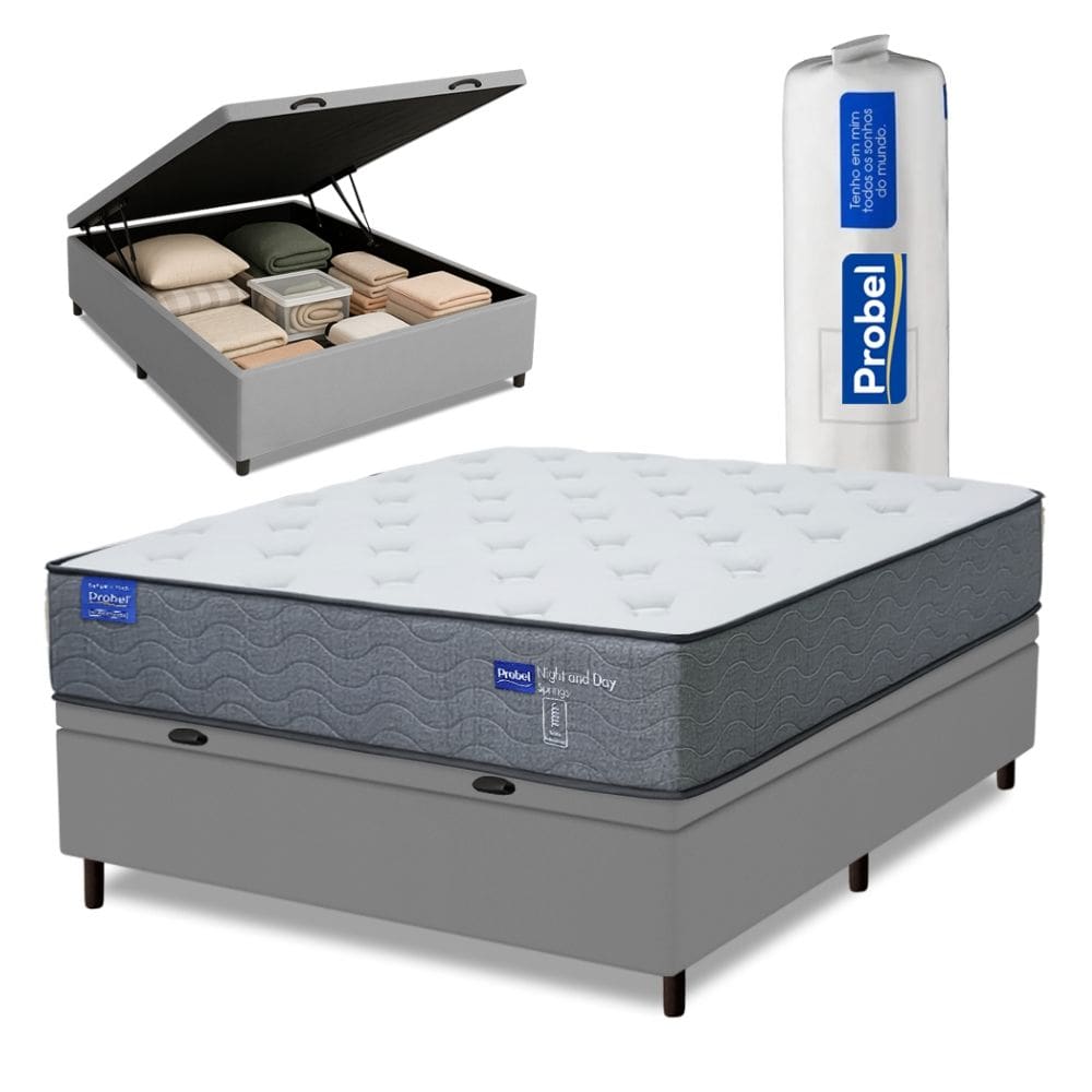 Cama Box Baú Casal Probel Molas Ensacadas 138x188x71 Day Springs a Vácuo Branco/Cinza
