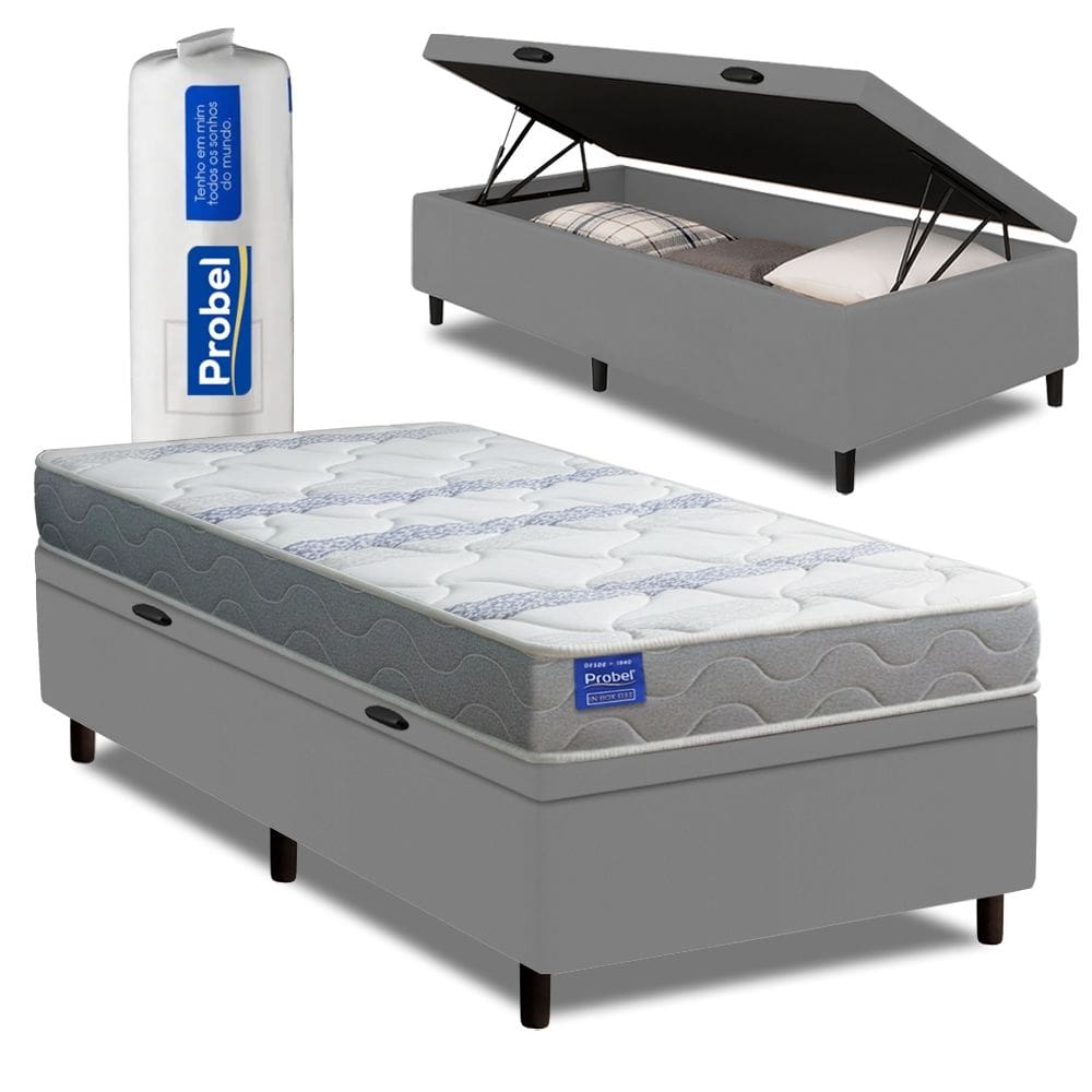 Cama Box Baú Solteiro Probel Espuma D33 88x188x55 Night Day a Vácuo Branco/Cinza