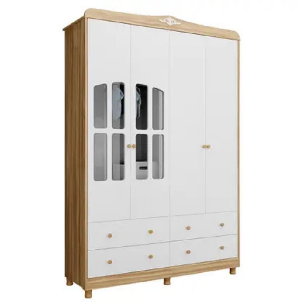 Guarda Roupa Bebê Peroba Elô 4 Portas 4 Gavetas Branco Amêndoa