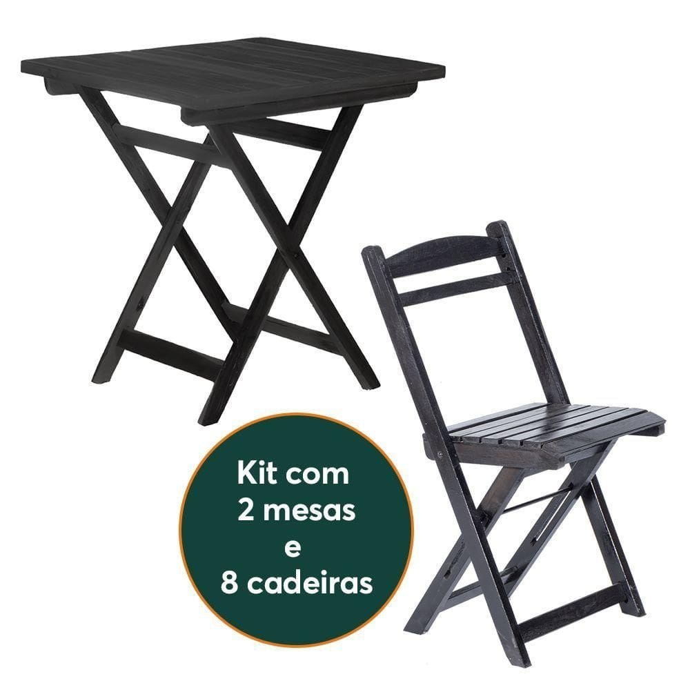 Kit 2 Mesas Dobráveis Com 8 Cadeiras 100% Madeira Maciça Ypê Preto