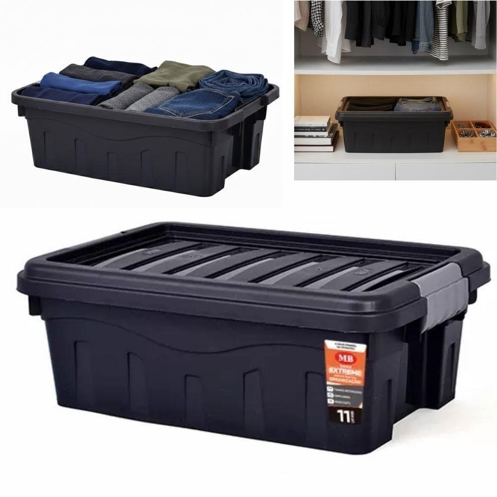 Caixa Organizadora Multiuso Empilhável 11 L Preta Com Tampa E Travas Laterais