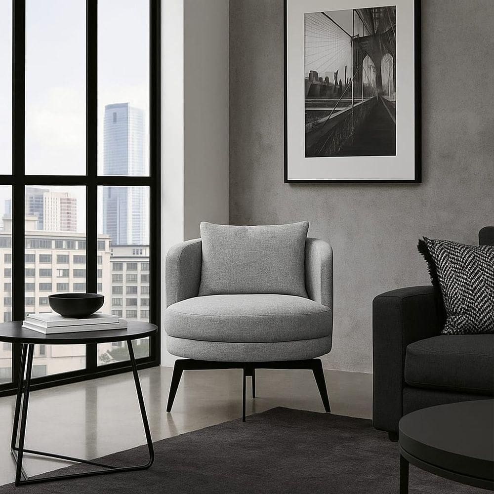 Poltrona Decorativa Giratória Cora Em Linhão Misto Cinza