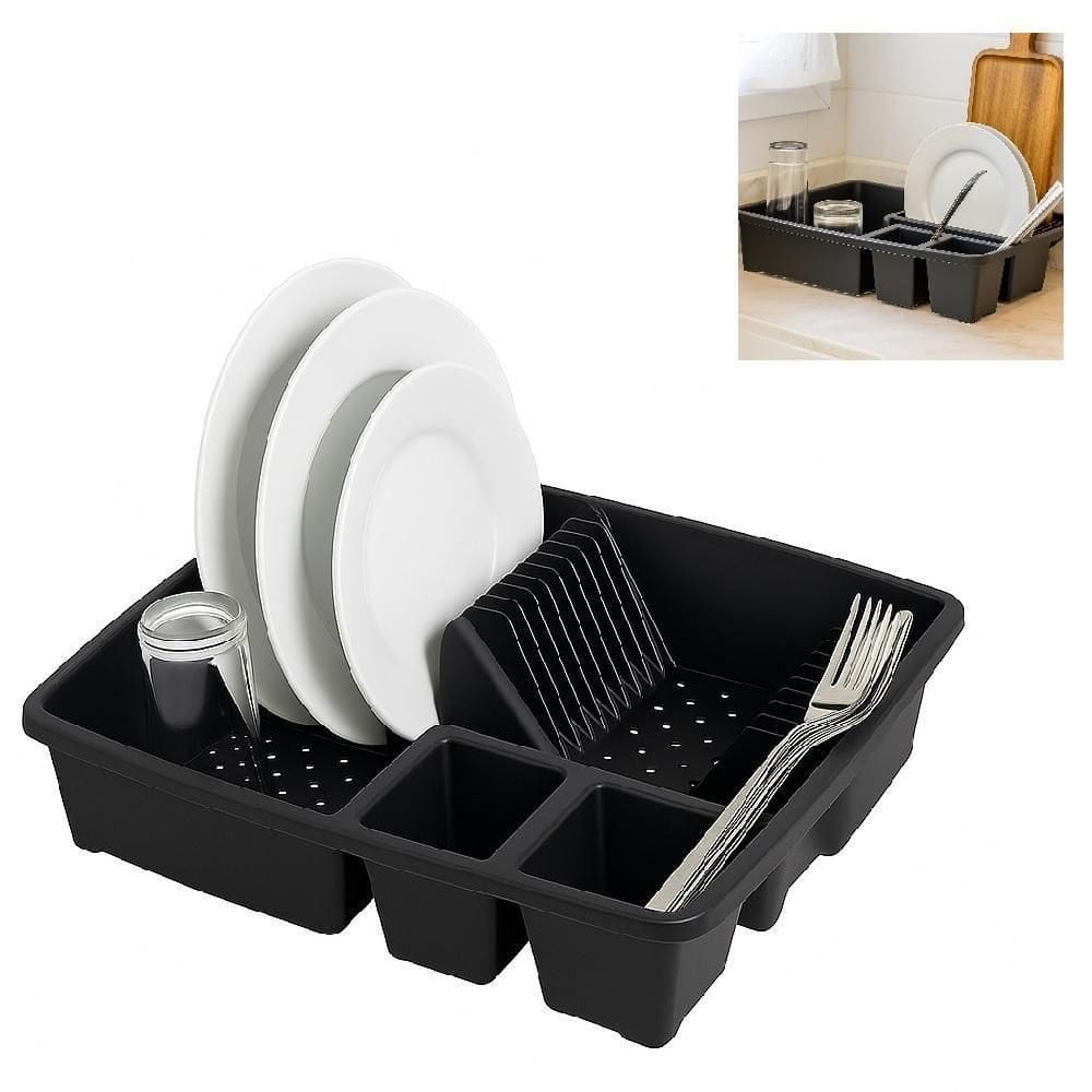 Escorredor 9 Pratos Loucas Talheres Porta Copos Panela Bancada Pia Compacto Plastico Preto