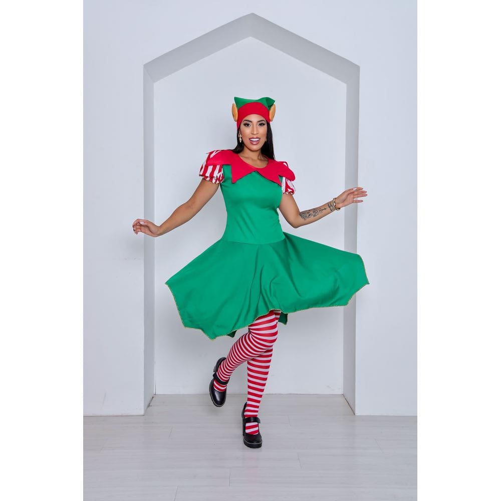 Fantasia Duende Feminina Adulto Ajudante do Papai Noel Elfo Gnomo Noelete Anime Teatro Festa de Natal Entrega Presentes
