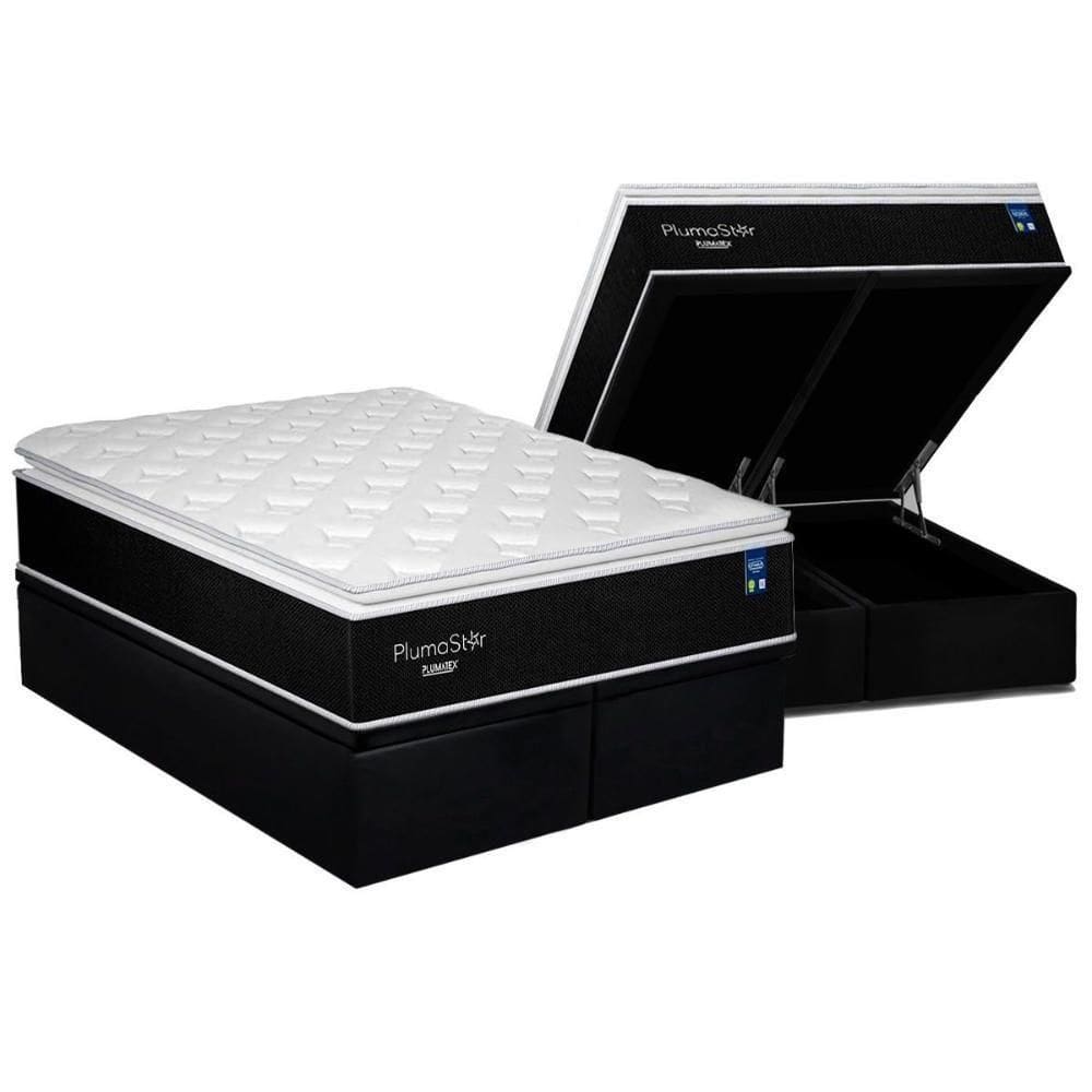 Cama Box Baú King: Colchão Molas Bonnel Plumatex Ensacadas Plumastar + Base Crc Suede Black (193x203)