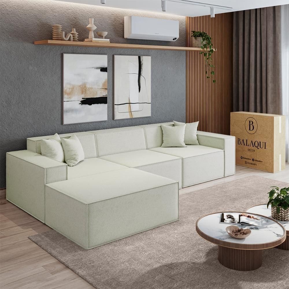 Sofá 3 Lugares 2,75m Bouclê Com Chaise Compactair - Balaqui Cor:bege Bege