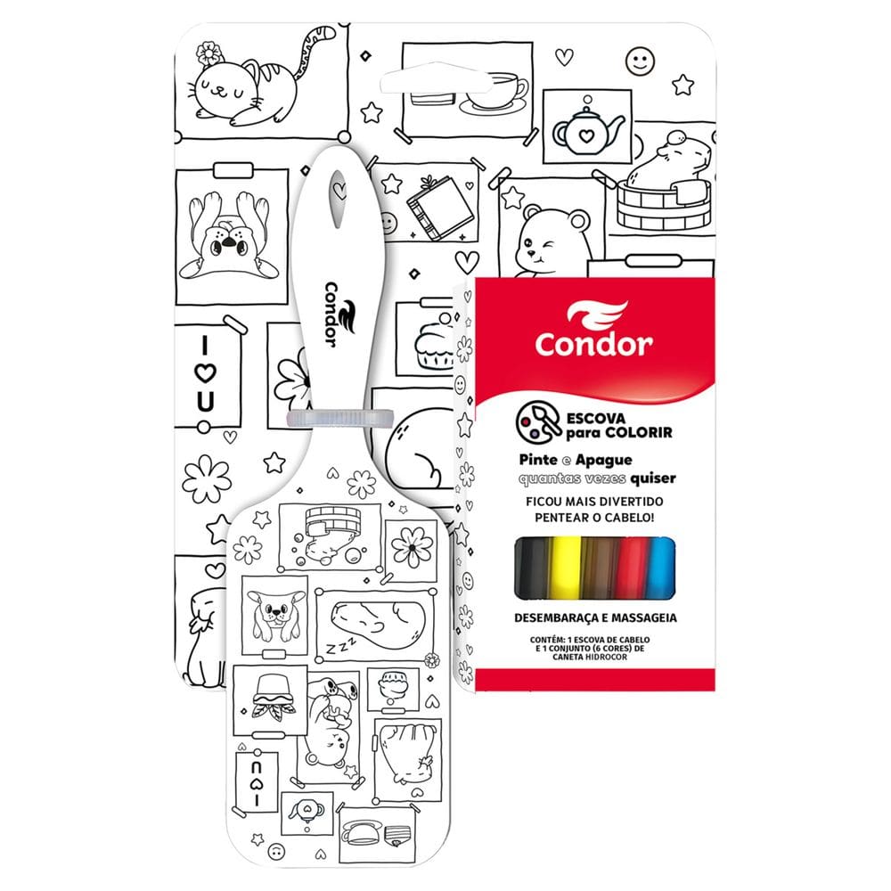 Kit 1 Escova para Cabelo Raquete + 6 Canetas Hidrocor Condor para Colorir