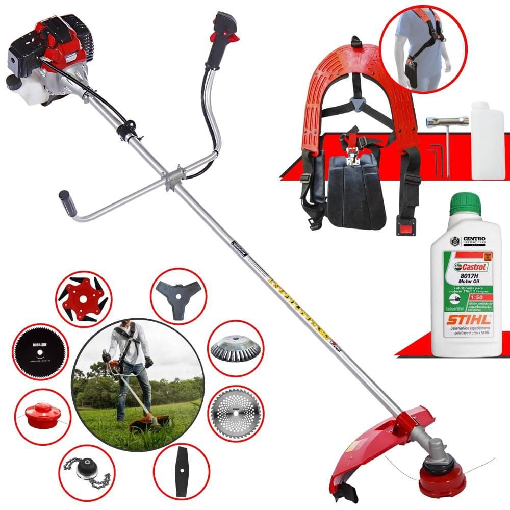 Roçadeira Toyama RT43L 43cc 1,7HP C/ Carretel + Facas 2 Pontas, 3 Pontas, 6 Pontas, 40 Dentes Vídea, 80 Dentes, Trimmer, Escova de Aço + ÓLEO STIHL 2T
