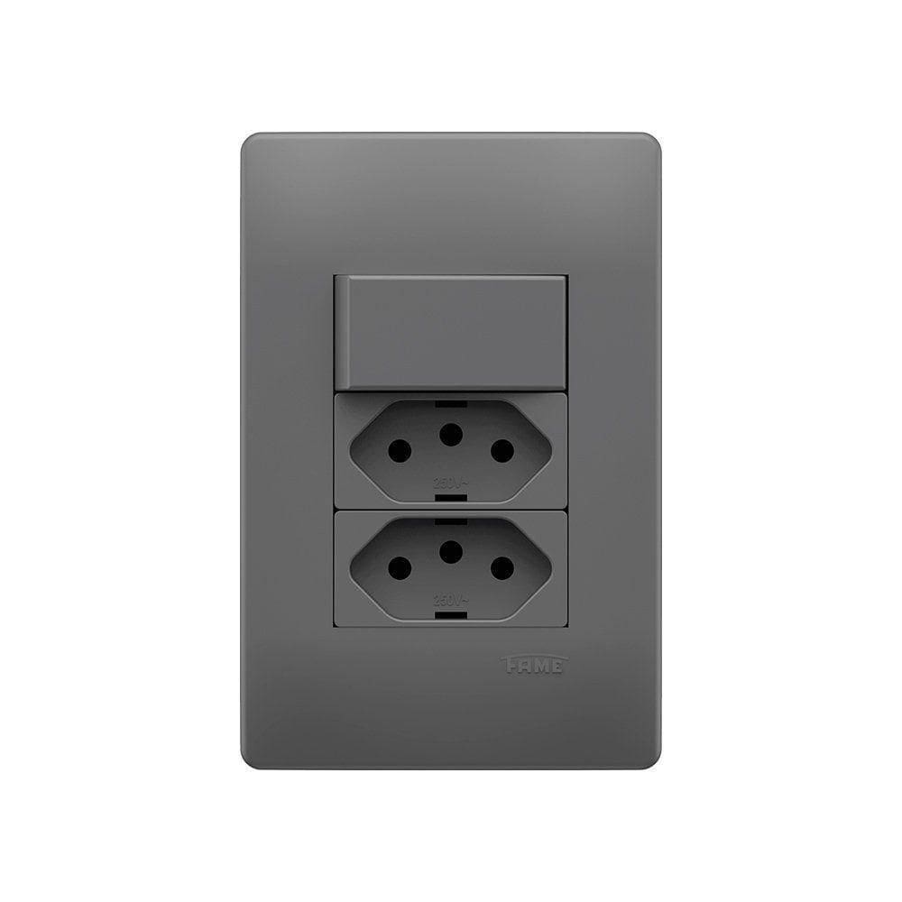 Interruptor Simples E Tomada Dupla 2p+t 10a Fame Habitat Onix Com Placa 4x2 Onix