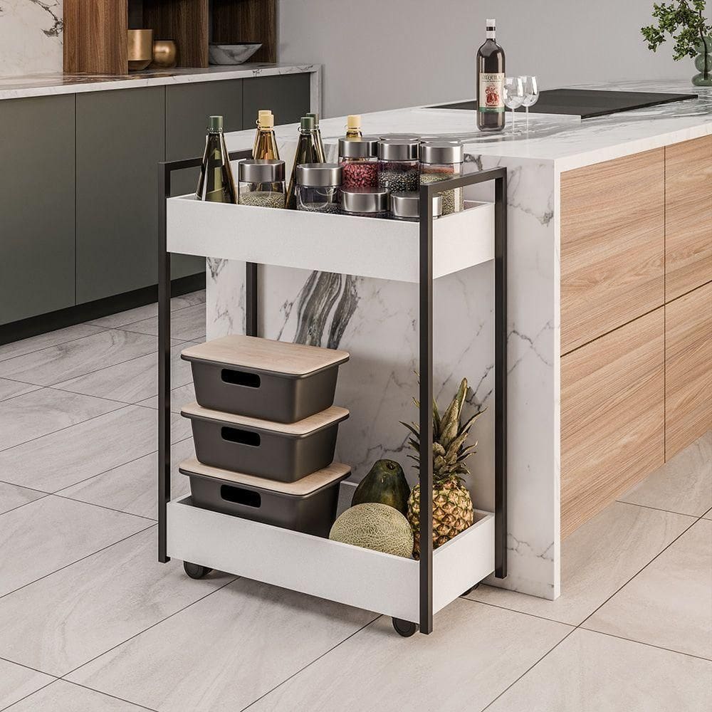 Carrinho Gourmet Auxiliar Para Cozinha 2 Prateleiras Noah Preto M13 - D`rossi Cor Branco