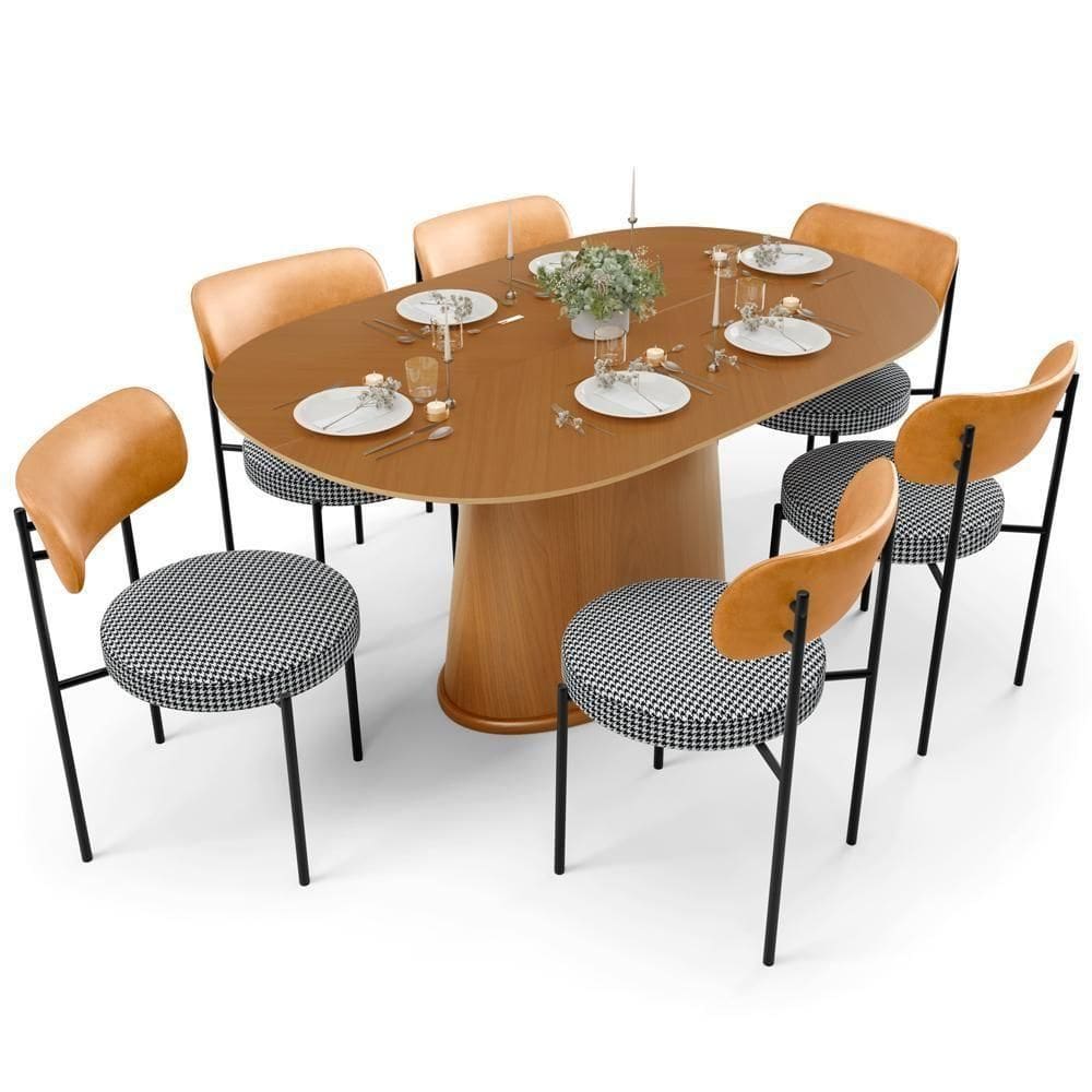 Mesa Para Sala De Jantar Valência Com 06 Cadeiras Sala De Jantar Louise L02 Couríssimo Whisky Pied Poule - Lyam Decor