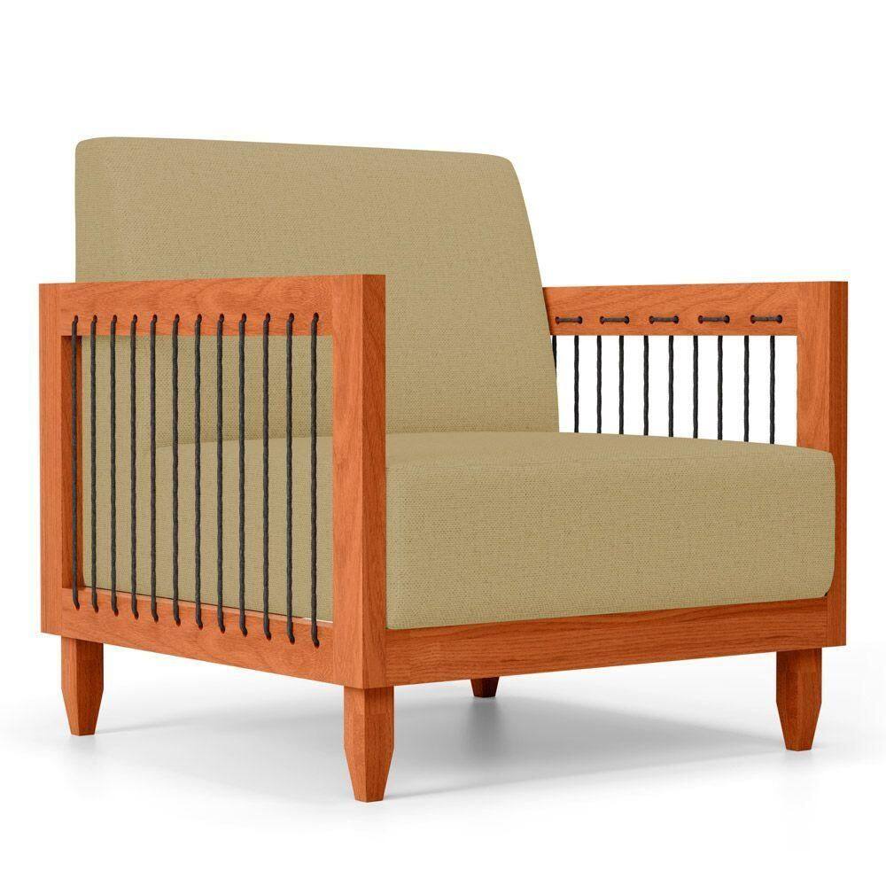 Poltrona Decorativa Varanda Samoa Madeira Maciça Com Cordas Náutica Linho Dourado - Abmaza