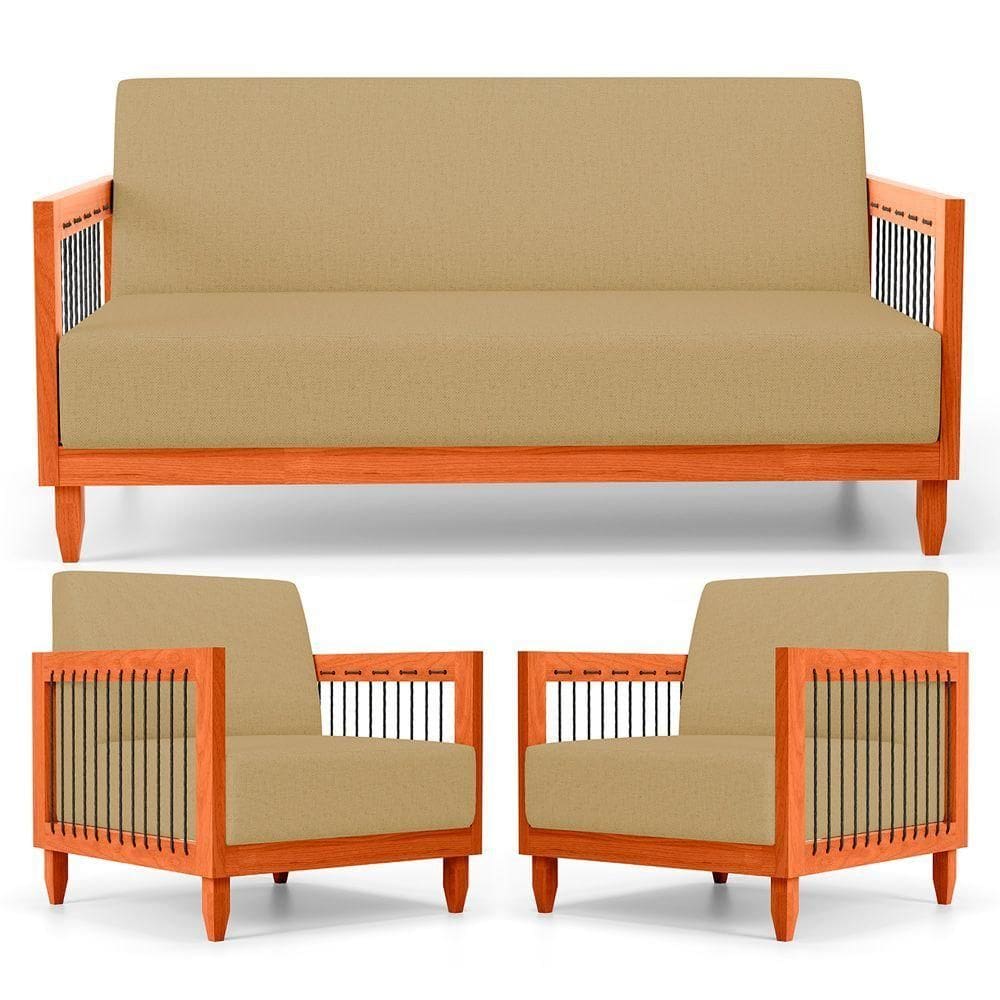 Kit 02 Poltronas E 01 Sofá Samoa Madeira Maciça Com Cordas Náutica Linho Dourado - Abmaza