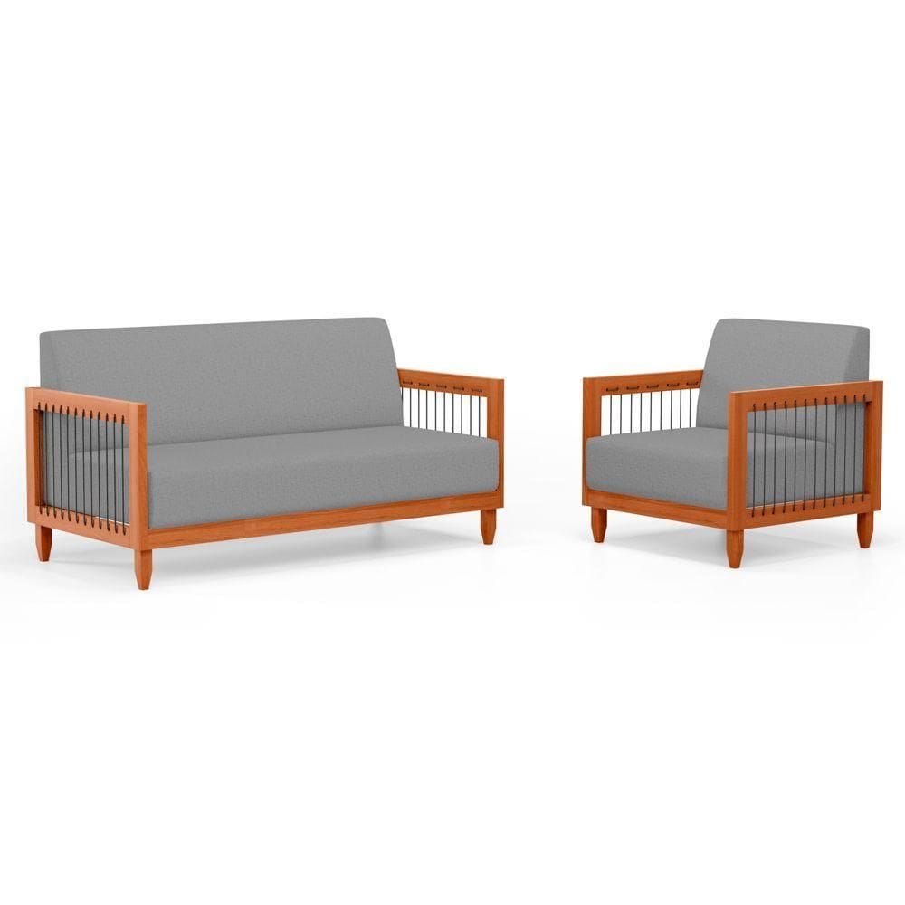 Kit Poltrona E Sofá Varanda Samoa Madeira Maciça Com Cordas Náutica Linho Cinza - Abmaza