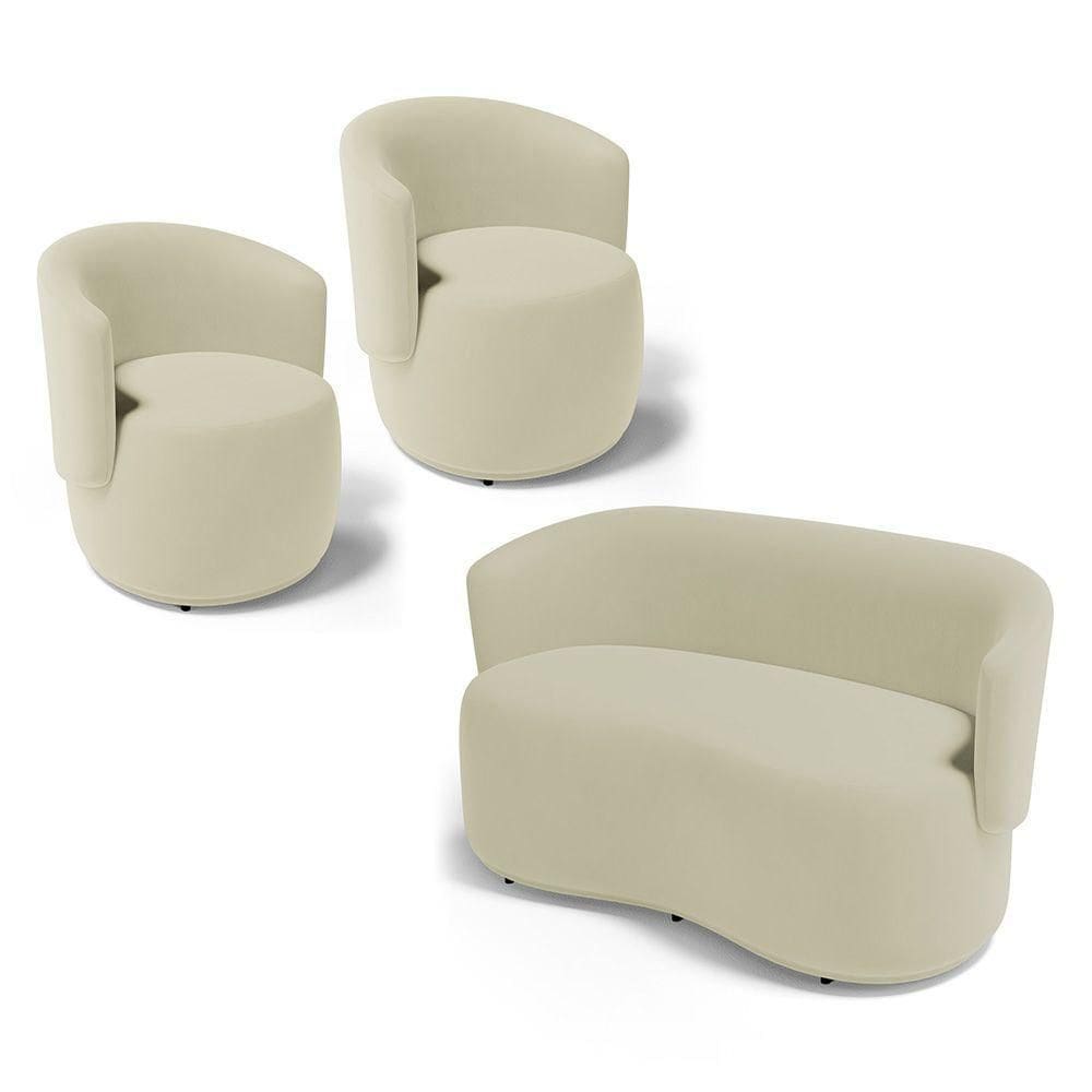 Kit 2 Poltronas E 1 Namoradeira Aisha Orgânica Suede Bege Claro - Abmaza