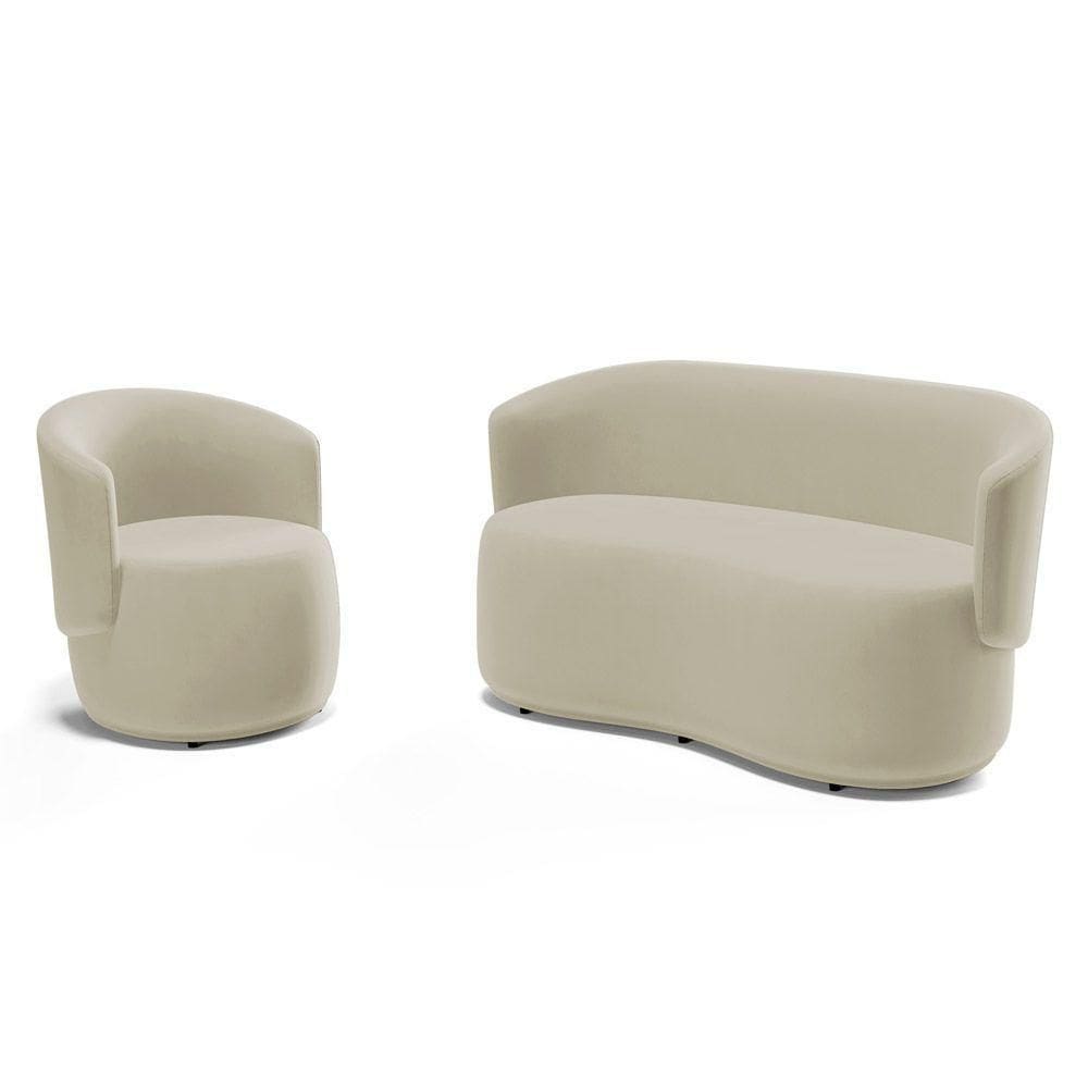 Kit Poltrona E Namoradeira Aisha Orgânica Suede Bege Claro - Abmaza