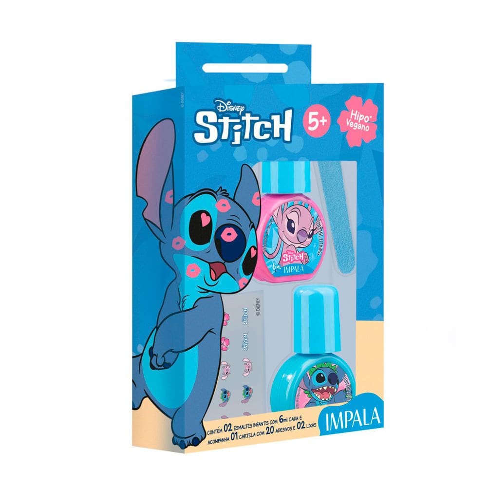 Kit Impala Stitch Disney 2 Esmaltes Unha 6ml Cartela de Adesivos 2 Lixas de Unha
