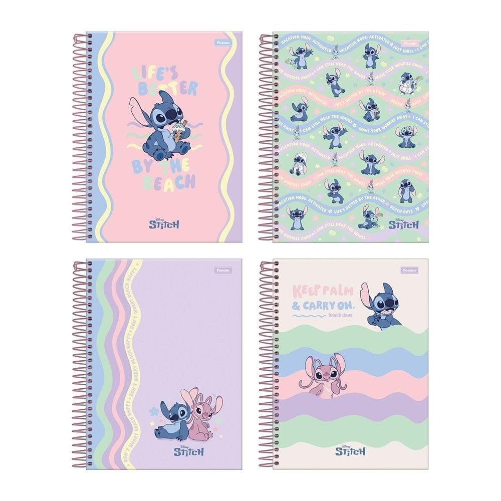 Caderno Espiral Foroni Colegial Capa Dura - Stitch 10 Matérias 160 Folhas - Embalagem com 4 Unidades