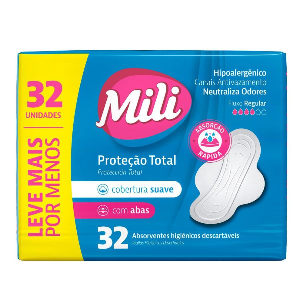 Absorvente Mili Proteção Total Cobertura Suave com Abas com 32 Unidades Leve Mais Por Menos