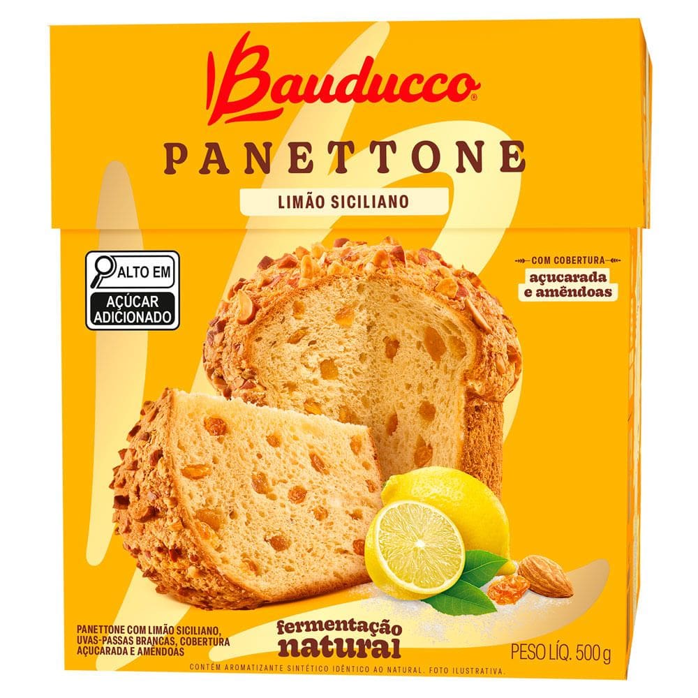 Panettone Bauducco Limão Siciliano e Uva Passas Brancas Cobertura Açucarada e Amêndoas 500g