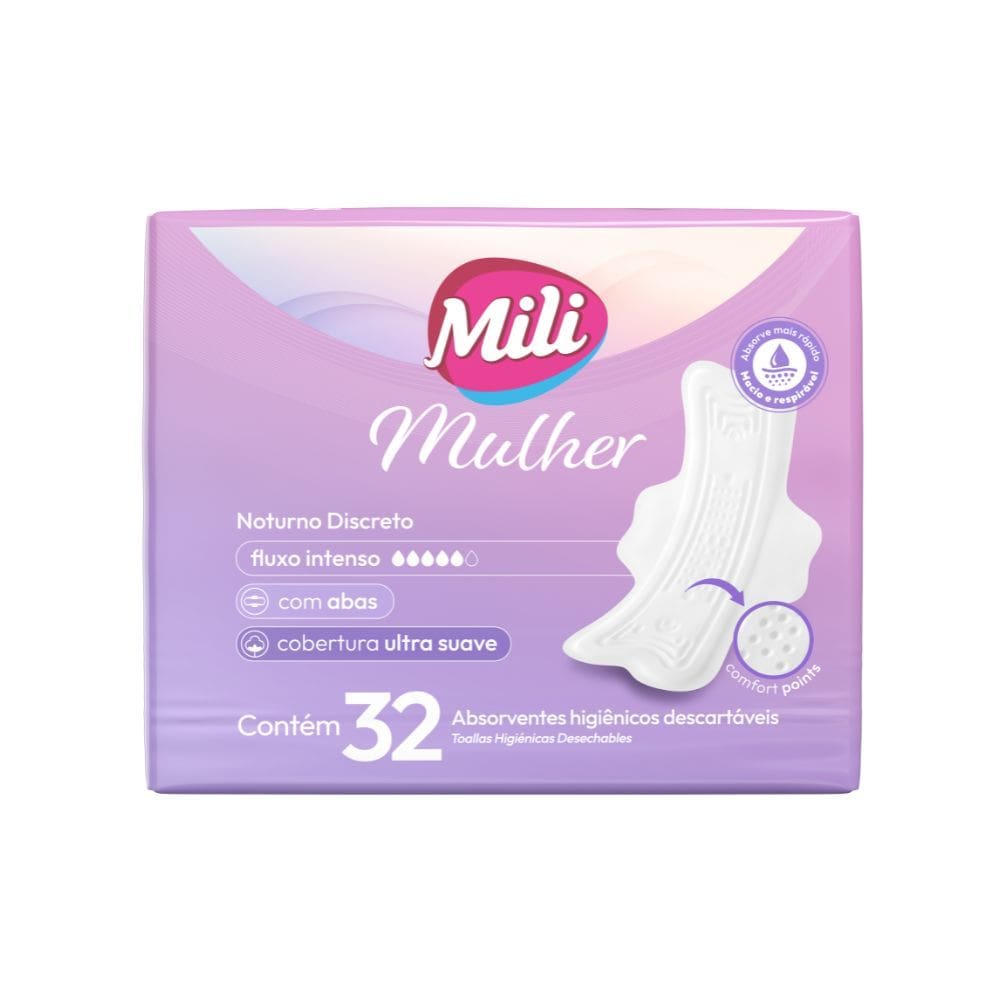 Absorvente Mili Mulher Noturno Discreto com Abas 32 Absorventes