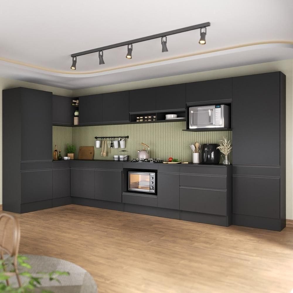 Cozinha Modulada Completa Canto 409cm Com Rodapé E Balcão Para Cooktop Veneza Multimóveis Mp2304 Preto
