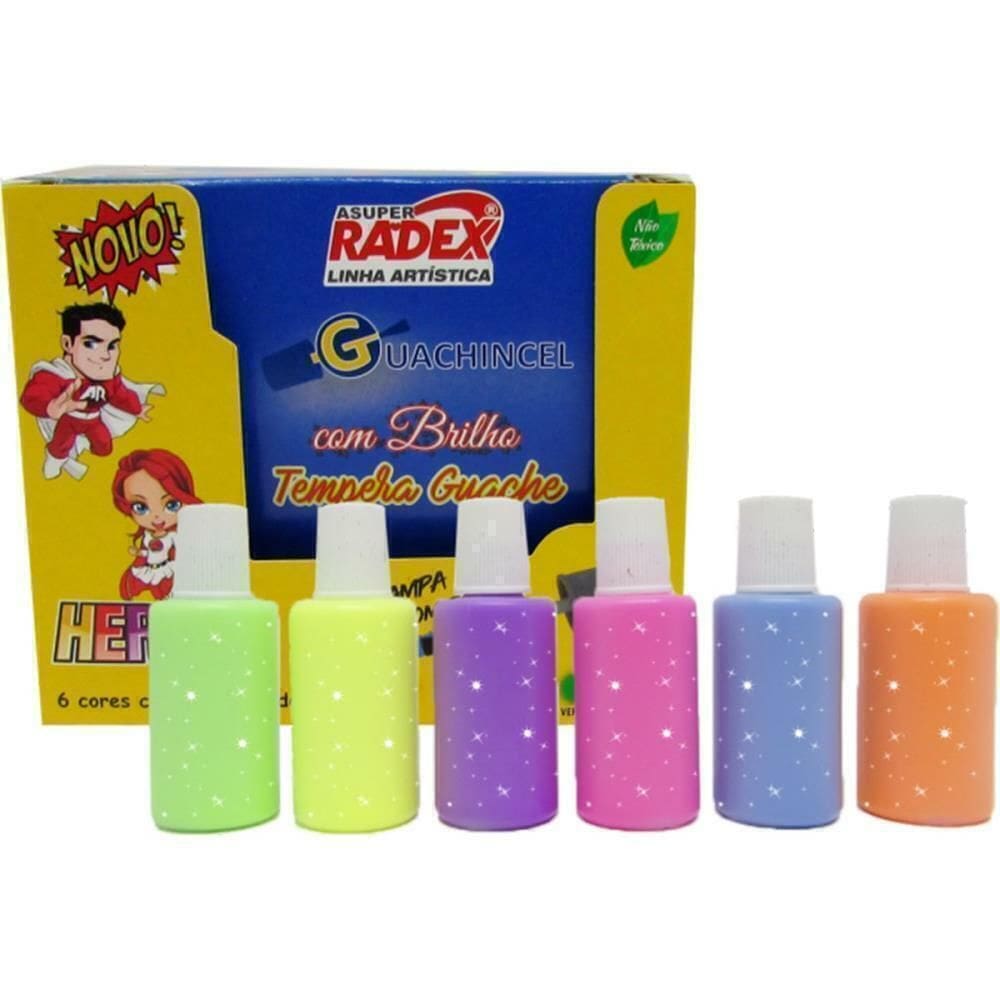 Tinta Guache 15 ml Brilho c/Pincel 6 Cores - Radex