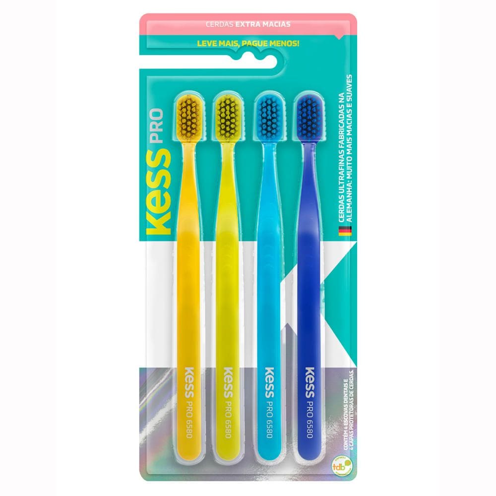 Escova Dental Kess Pro Cerdas Extra Macias Cores com 4 Unidades