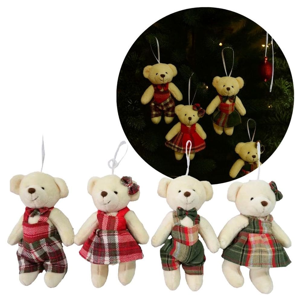 Kit 4 Ursinhos Natalinos Pendente 15cm Pelúcia Creme com Roupa Xadrez