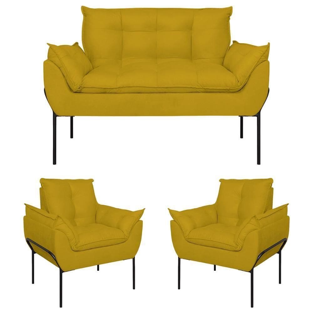 Kit 02 Poltronas + Namoradeira Pé Metal Preto Recepção Sala Amarelo