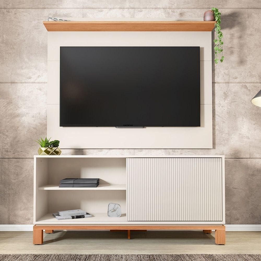 Painel Tv 45 Pol 136cm Com Rack Bancada Para Sala Visari C01 - D`rossi Cor Off White/freijó